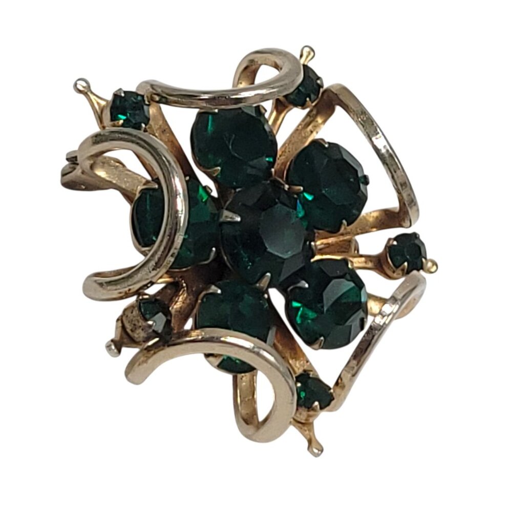 Vintage Emerald Green Rhinestone Gold-Tone Brooch Pin Starburst MCM 1.25" - Picture 4 of 5